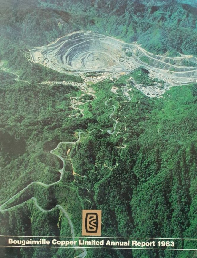 Figure 1: Panguna Pit & Port Mine Access Road, Mine site infrastructures and former Panguna Town at foreground. Source: BCL Annual Report 1983
